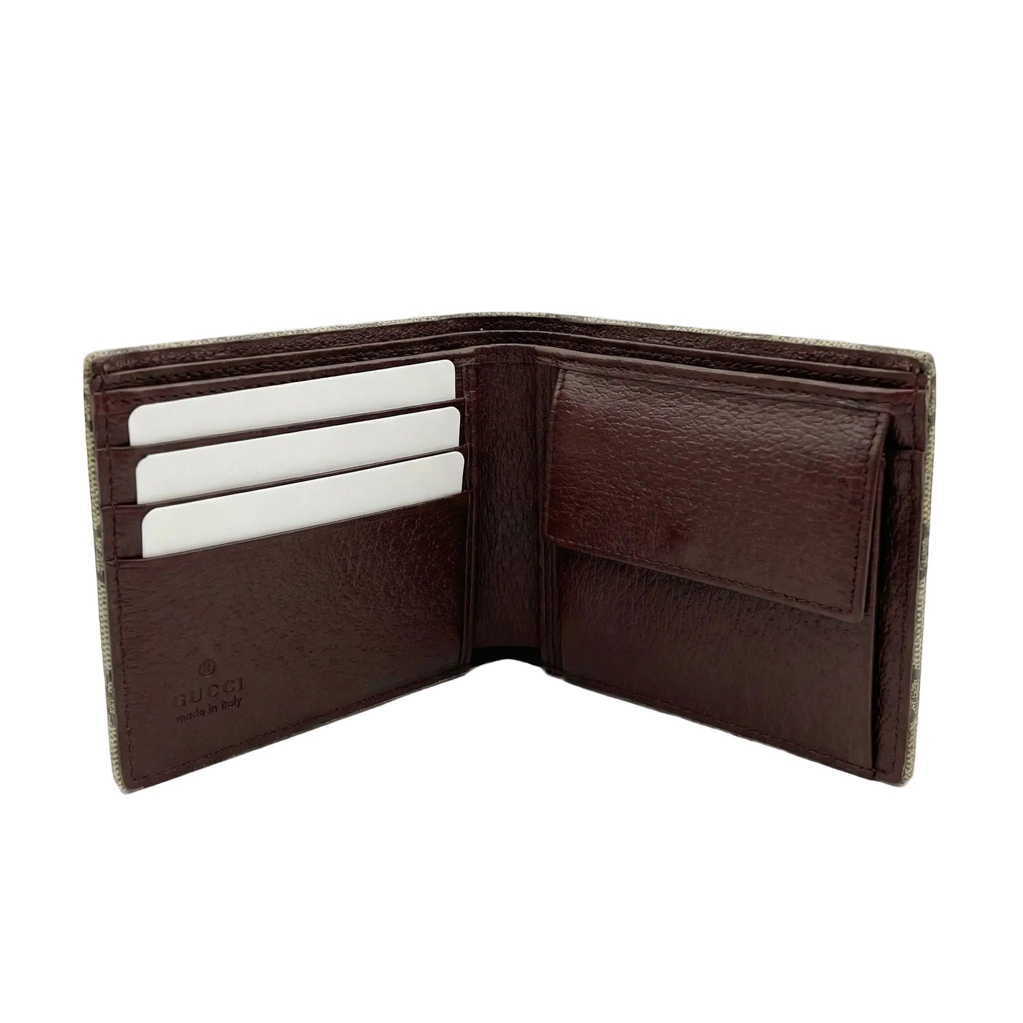 Gucci GG Supreme Coin Wallet – Beige/Ebony Canvas (Style 768244) – Burgundy Interior