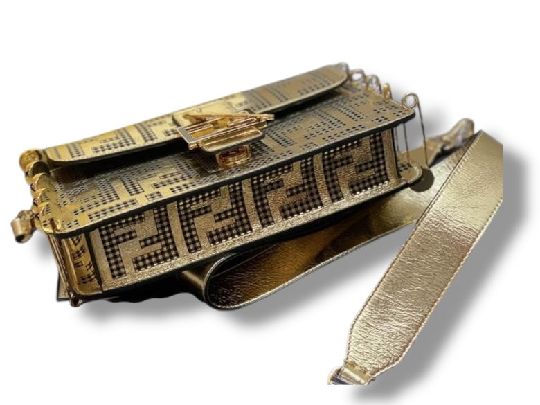 Fendace Baguette – Gold Metallic FF Laser-Cut Leather