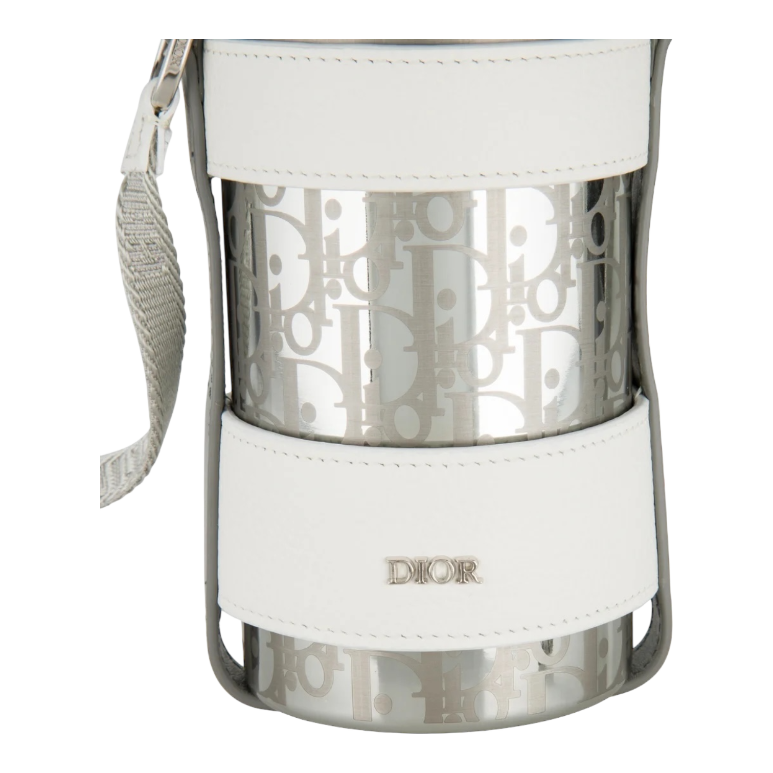 Dior Oblique Aluminum Water Bottle - White Leather Holder with Strap