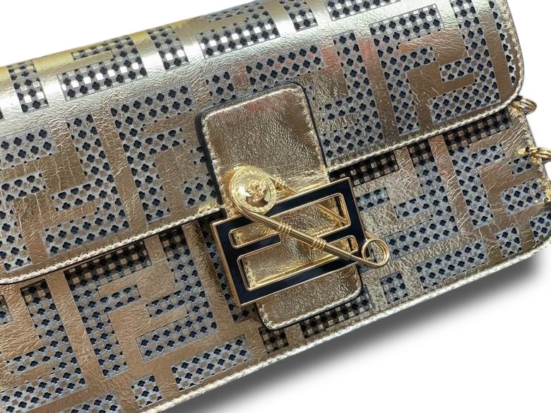 Fendace Baguette – Gold Metallic FF Laser-Cut Leather