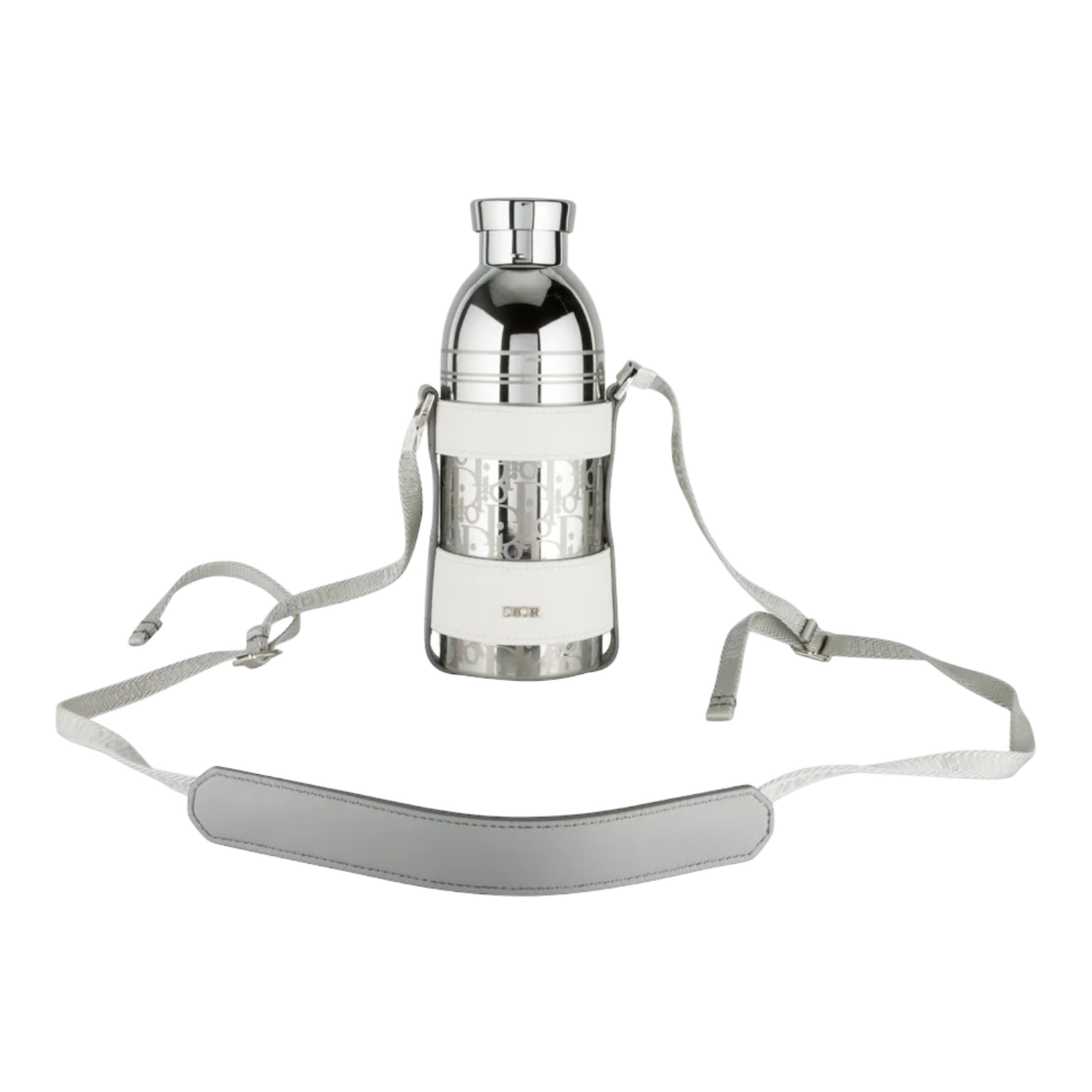 Dior Oblique Aluminum Water Bottle - White Leather Holder with Strap