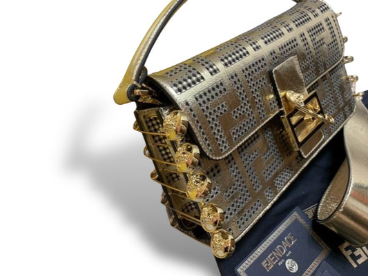 Fendace Baguette – Gold Metallic FF Laser-Cut Leather