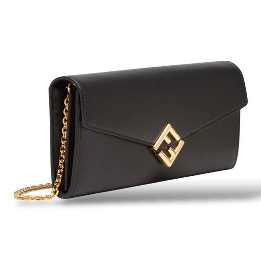 Fendi FF Diamonds Continental With Chain – Black Leather