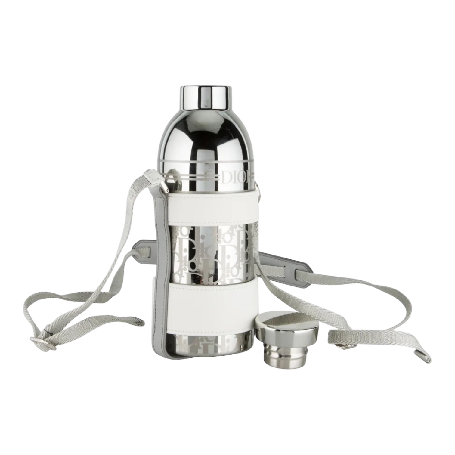 Dior Oblique Aluminum Water Bottle - White Leather Holder with Strap