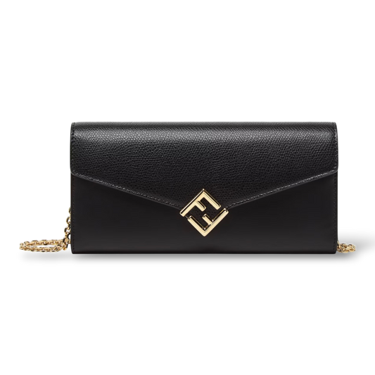 Fendi FF Diamonds Continental With Chain – Black Leather