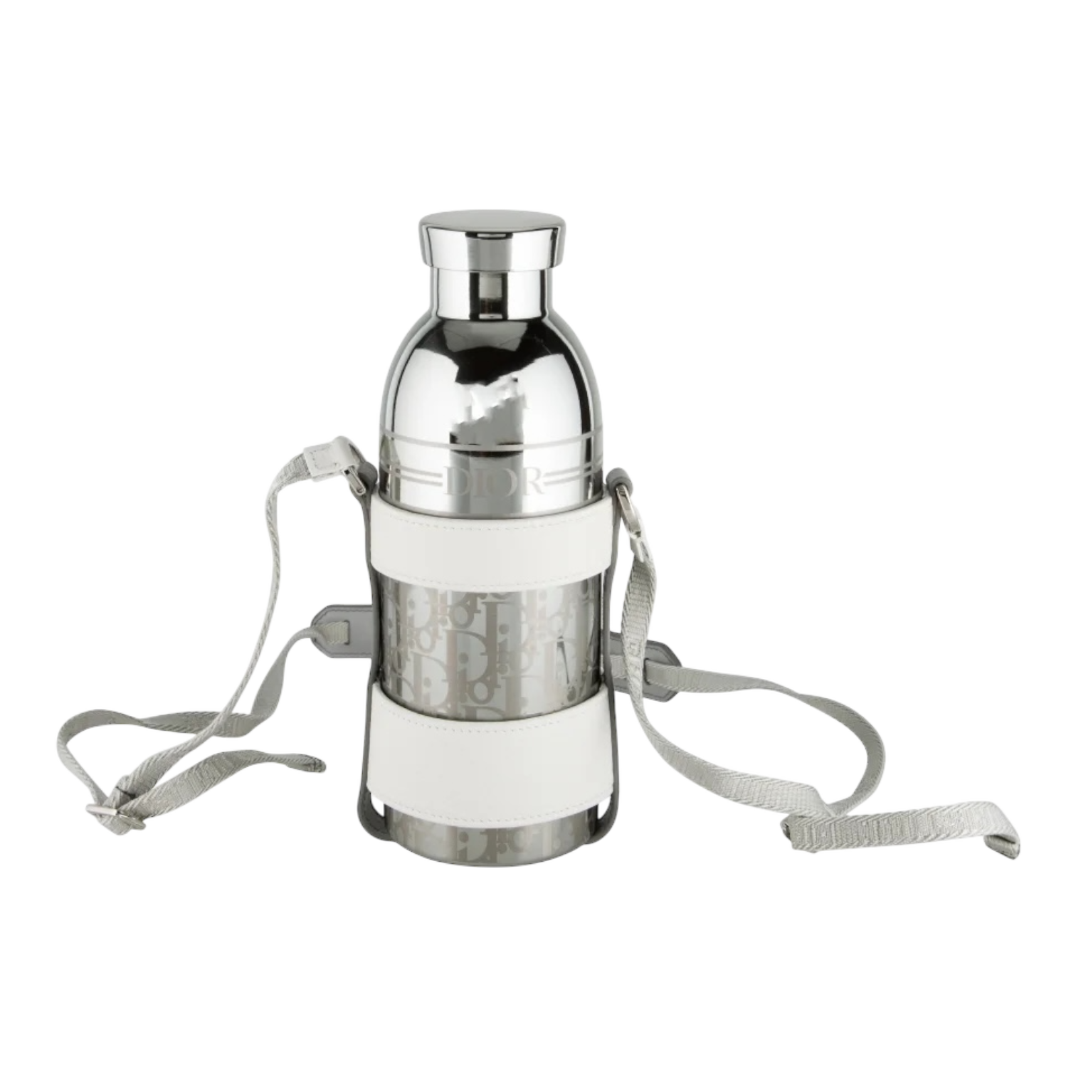 Dior Oblique Aluminum Water Bottle - White Leather Holder with Strap