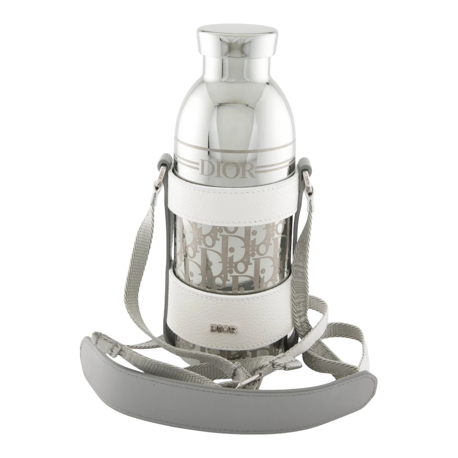 Dior Oblique Aluminum Water Bottle - White Leather Holder with Strap
