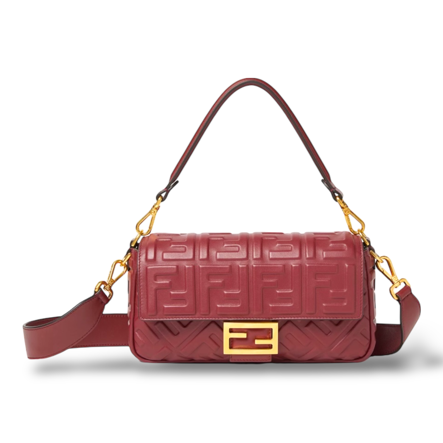 Fendi Baguette Medium – Burgundy Embossed FF Calfskin