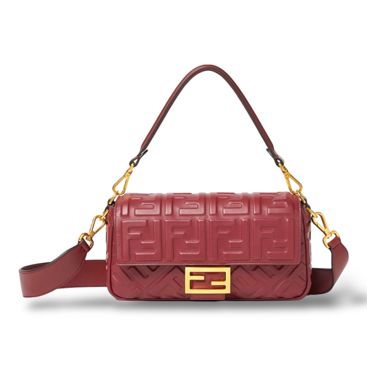 Fendi Baguette Medium – Burgundy Embossed FF Calfskin