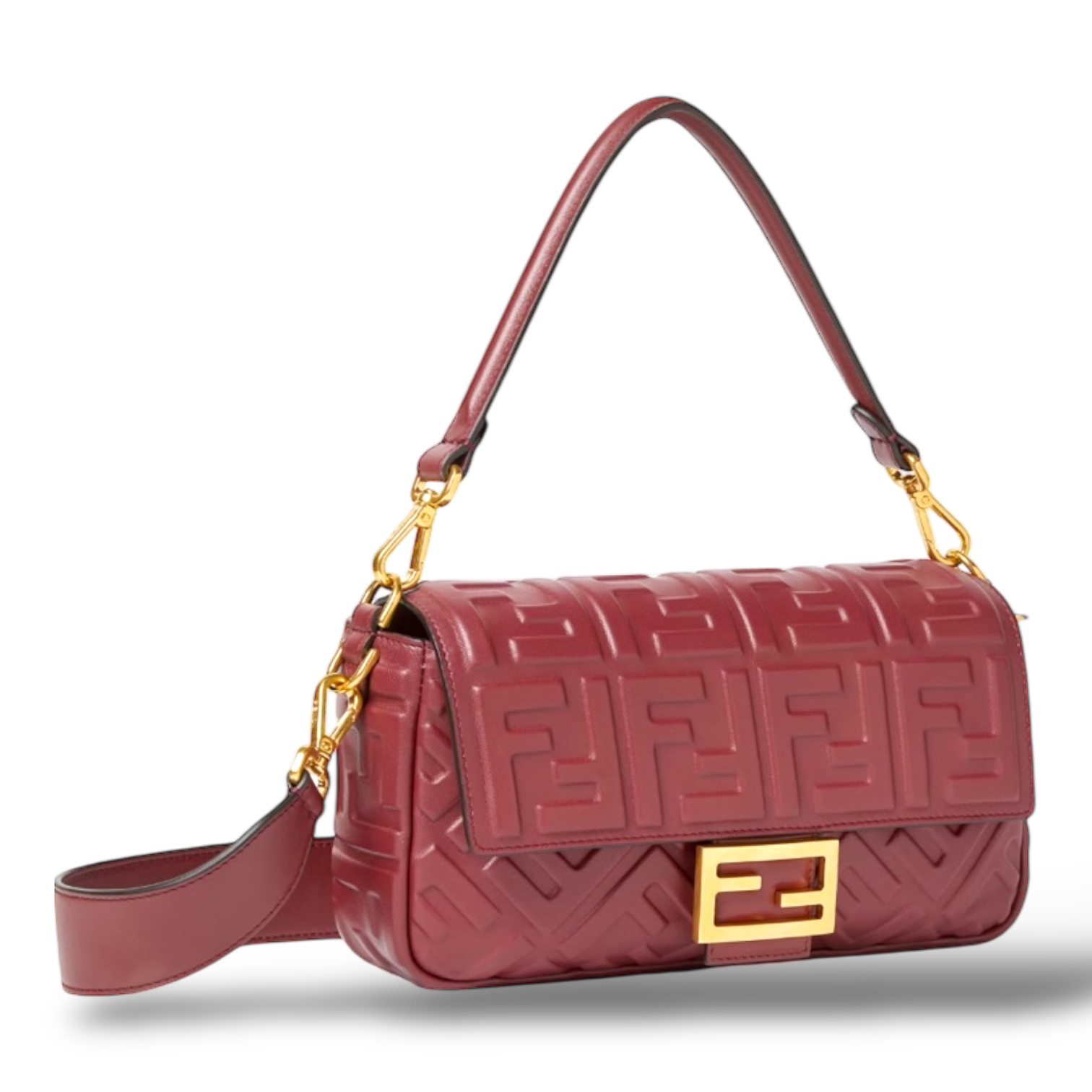 Fendi Baguette Medium – Burgundy Embossed FF Calfskin