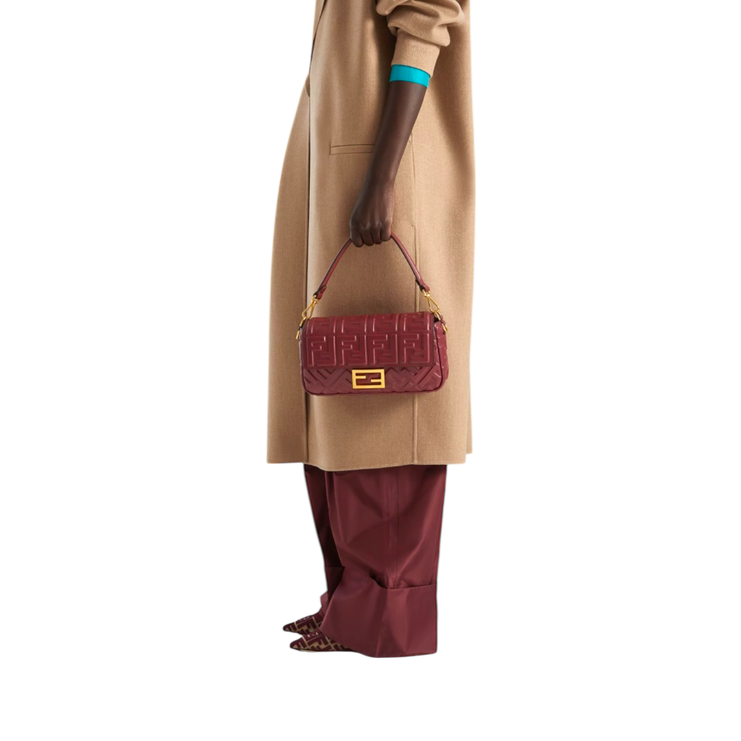 Fendi Baguette Medium – Burgundy Embossed FF Calfskin